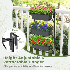 Hanging Vertical Planter, Self-Watering Wall-Mounted Adjustable Railing Planter with 3 Planter Boxes & Detachable Hooks for Flowers