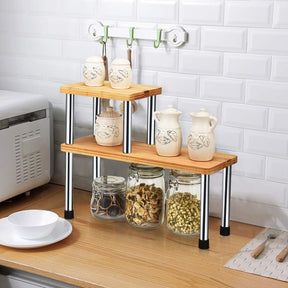 Giantex 2-Tier Storage Shelf, Premium Bamboo & Stainless Steel Corner Shelf, Storage Rack Display Shelf