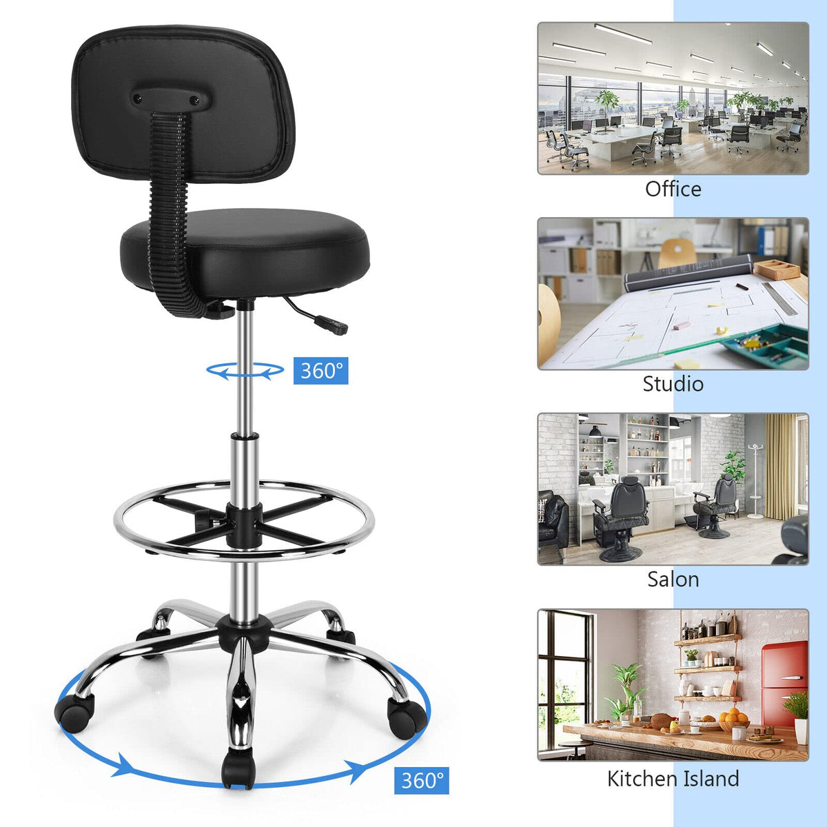 Ergonomic Drafting Chair 150 kg w/Backrest, Faux Leather Upholstered Rolling Stool w/Retractable Mid Back & Adjustable Foot Ring