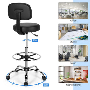 Ergonomic Drafting Chair 150 kg w/Backrest, Faux Leather Upholstered Rolling Stool w/Retractable Mid Back & Adjustable Foot Ring