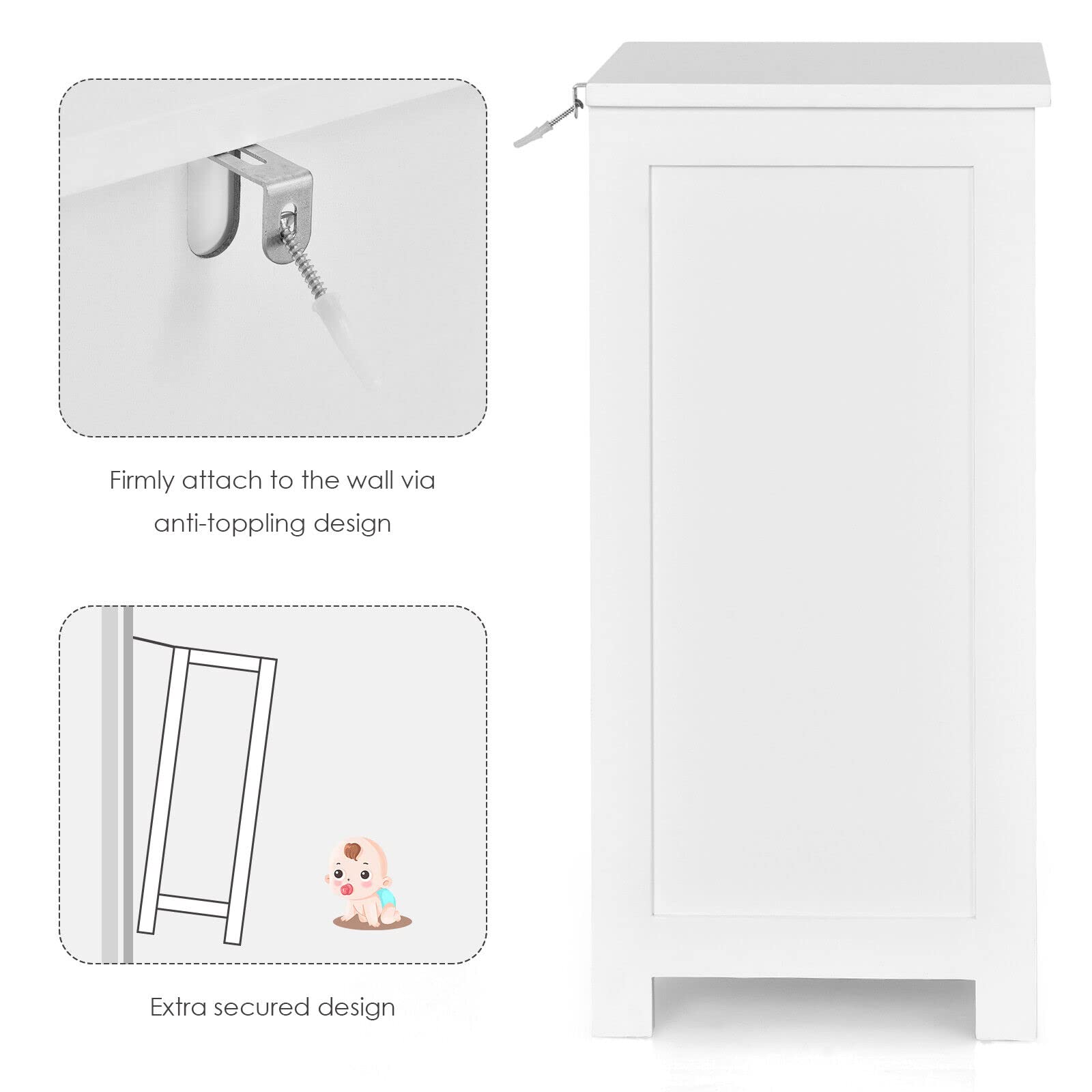 Giantex Bathroom Floor Cabinet, Side Storage Organizer Cabinet with 3 Drawers, Anti-Toppling Kit, White