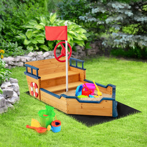 Wooden Sandbox, Large Pirate Ship Play Toy w/2-in-1 Storage Benches, Bottom Sand Protection