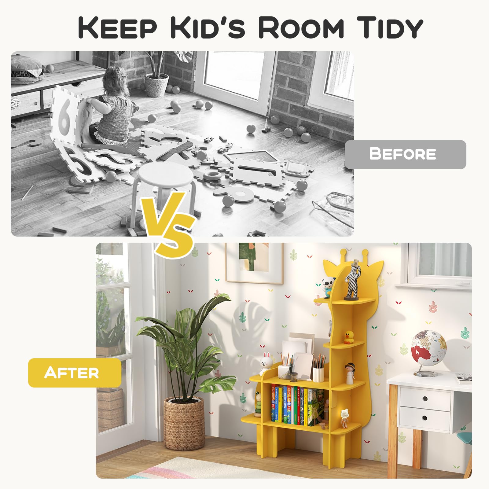 HONEY JOY Giraffe Bookcase for Kids, 4-Tier Toy Storage Organizer with Open Storage Shelves