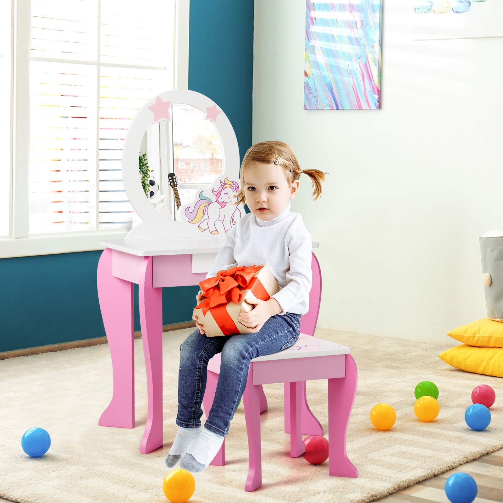 Kids Vanity Table and Chair Set with Mirror and Stool TOP 50 Bonus Trinkets Set