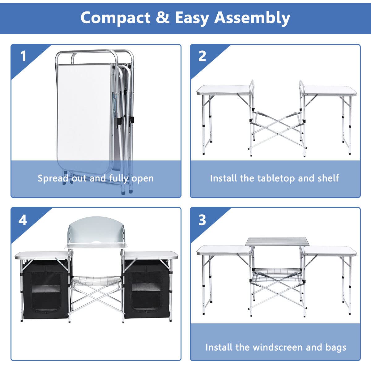 Portable Camping Kitchen Table, Aluminum Fold-Up Camping Kitchen with Windscreen