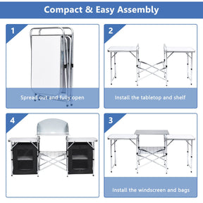 Portable Camping Kitchen Table, Aluminum Fold-Up Camping Kitchen with Windscreen