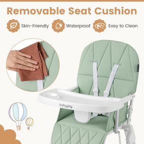 Foldable High Chair, Easy Clean Compact Highchair with Removable Adjustable Tray and PU Seat Cushion, 5-Point Safety Belt for Babies
