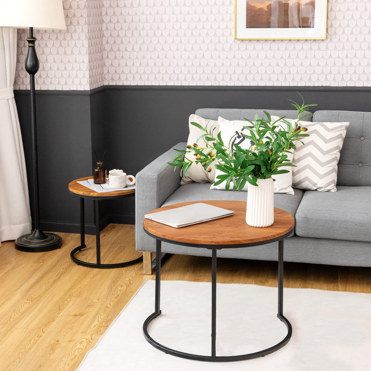 Giantex Set of 2 Compact Stacking Side Tables w/Wooden Tabletop & Powder-Coated Steel Frame