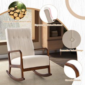 Giantex Rocking Chair with Ottoman, Upholstered Fabric Rocker with Solid Rubber Wood Frame & Padded Cushion