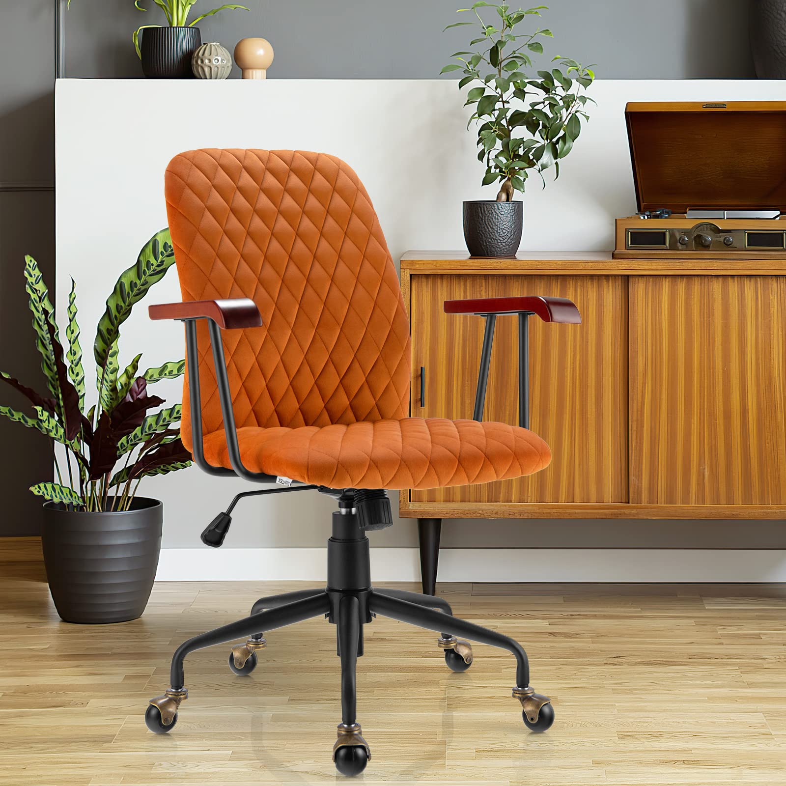 Giantex Retro Mid-Back Office Chair, Swivel Velvet Computer Desk Chair w/Rubber Wood Armrest