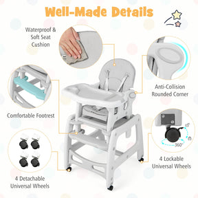 3-in-1 Highchair with Removable 4-Position Tray and Seat Cushion for 6-36 Months