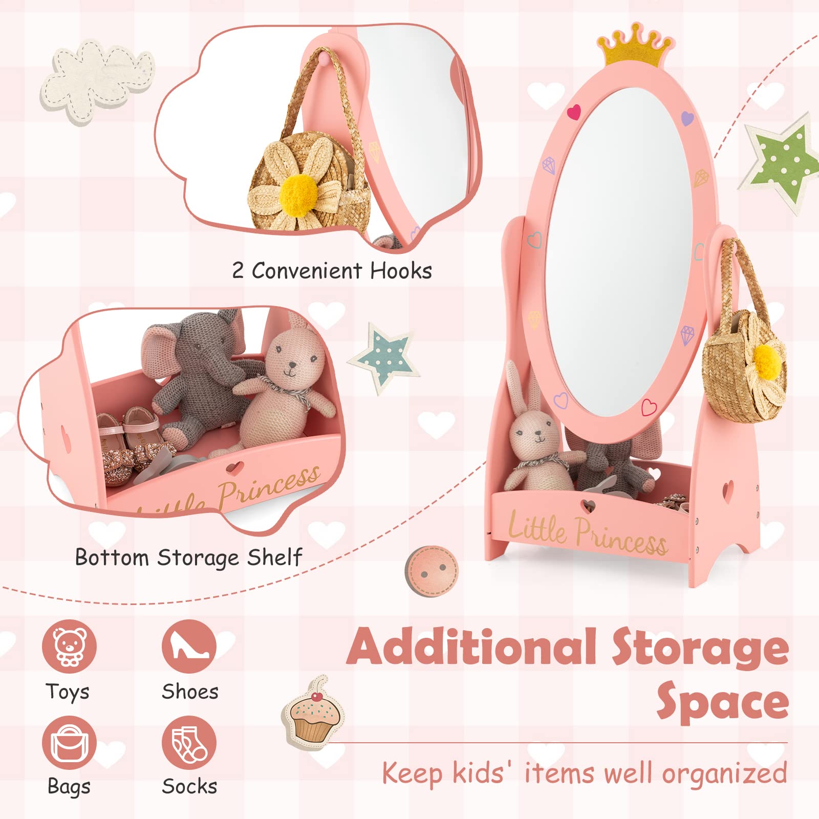 Kids Freestanding Dressing Mirror with 360° Rotatable Design-Pink