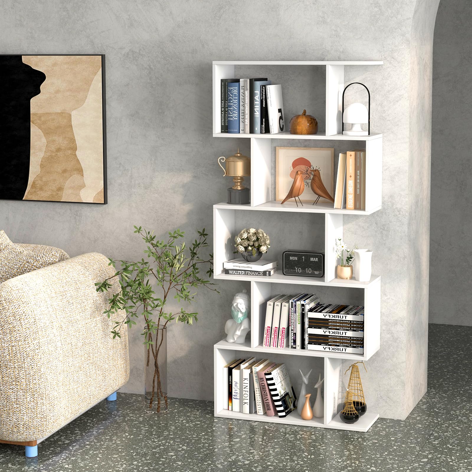 Giantex 5-Tier Bookshelf Geometric S-Shaped Bookcase w/Anti-Toppling Device