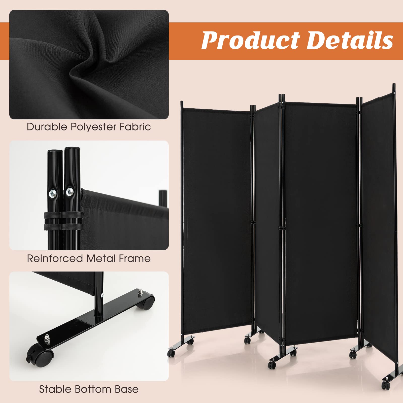 Giantex 4-Panel Folding Room Divider, 1.73m Rolling Privacy Screen with Lockable Wheels