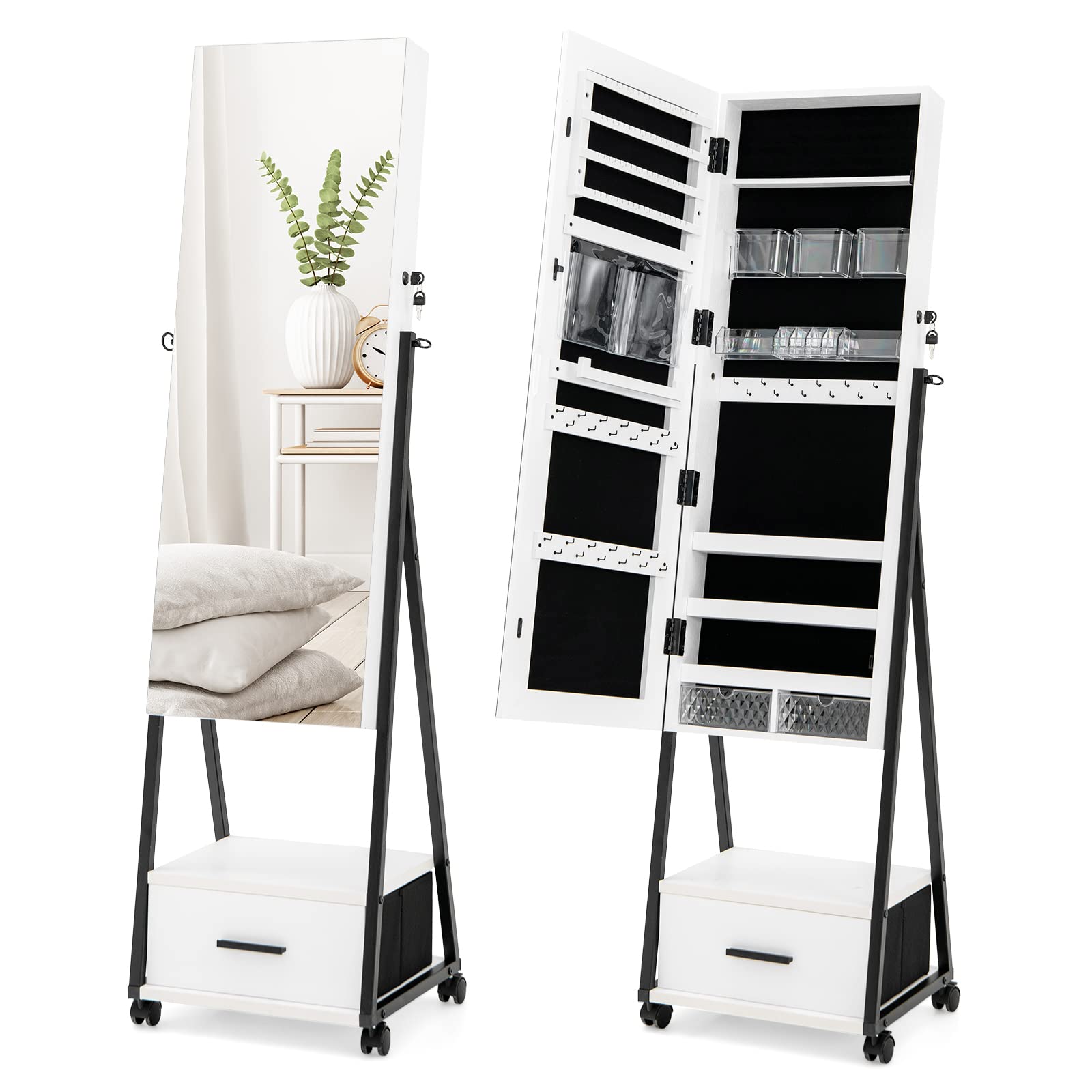 Giantex Mirror Jewelry Cabinet, Jewelry and Makeup Organizer w/ Full Length Mirror