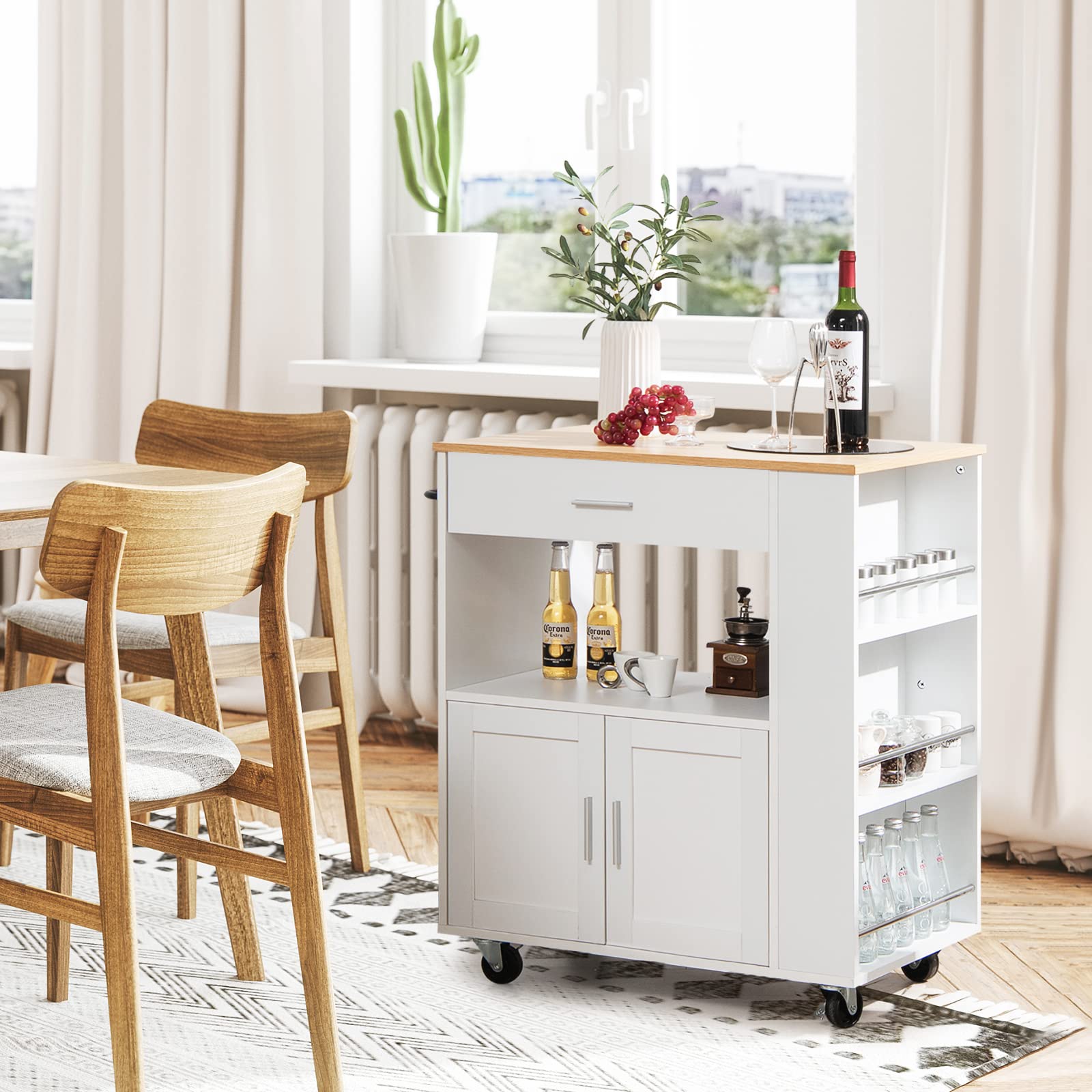 Giantex Kitchen Island Trolley, Rolling Kitchen Serving Trolley w/ 3 Spice Racks, Drawer, Open Shelf & Large Cabinet
