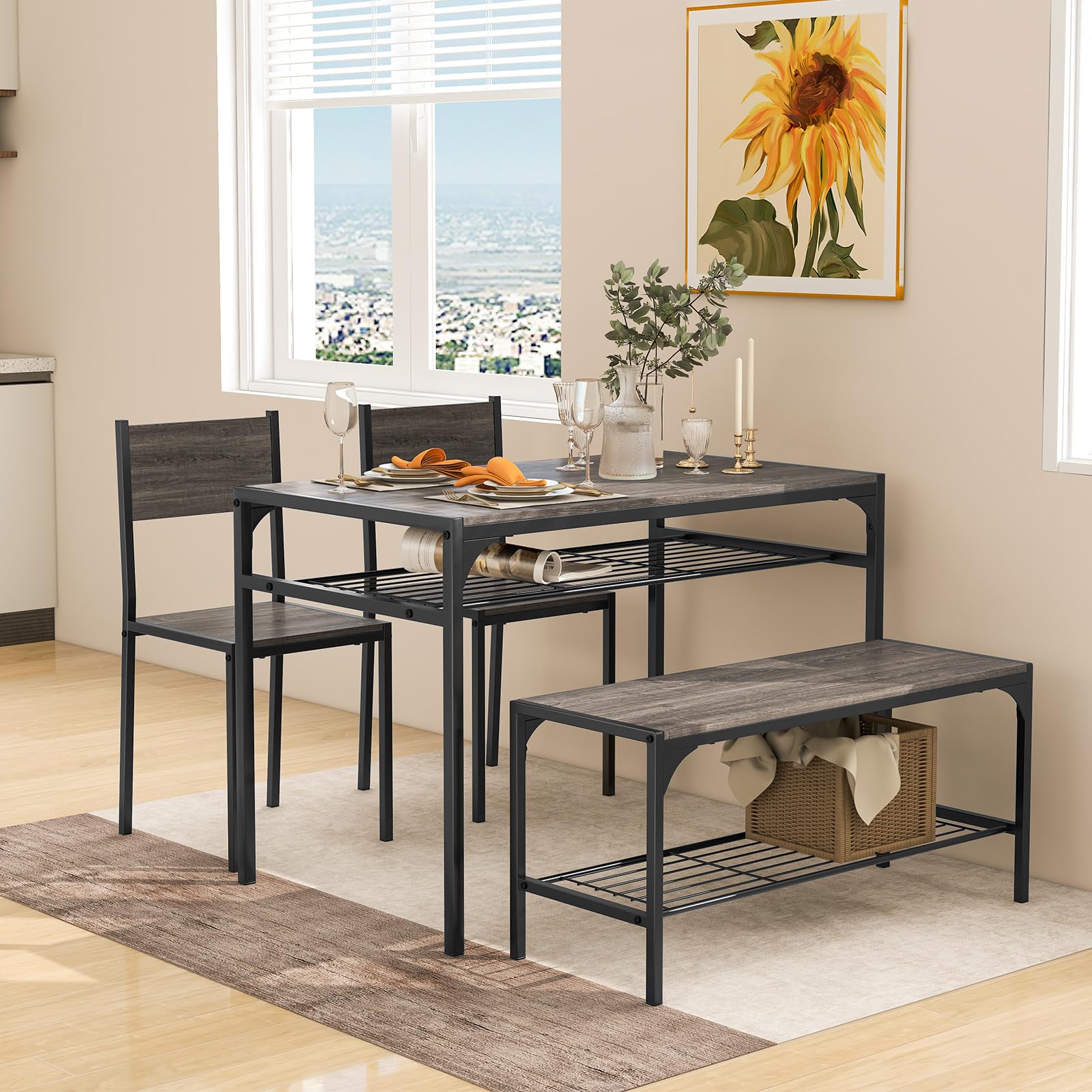 Giantex 4-Piece Dining Set Dining Table w/ 2 Chairs and Bench for 4