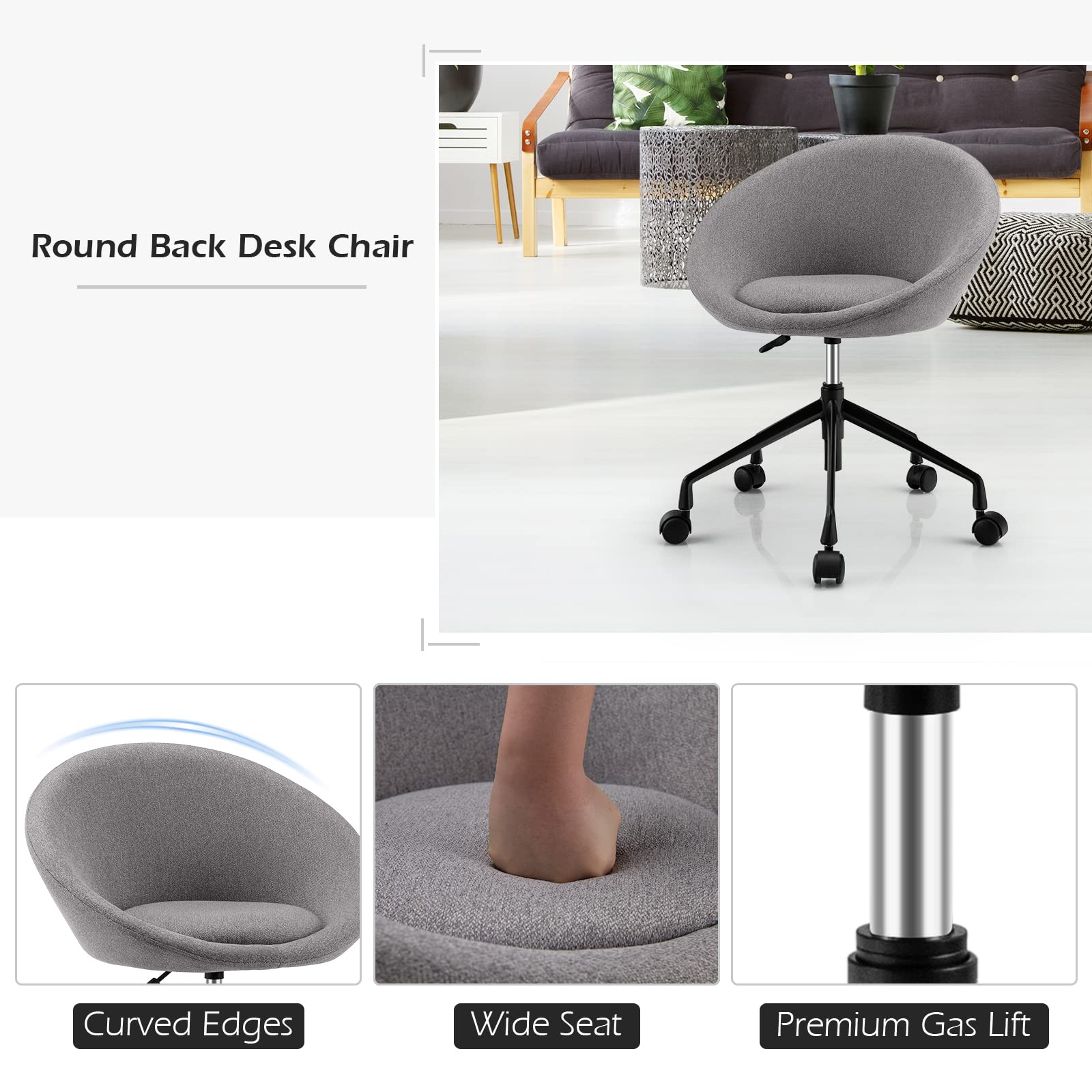 Giantex Modern Swivel Accent Chair, Round Back Desk Chair, Height Adjustable Home Office Chair