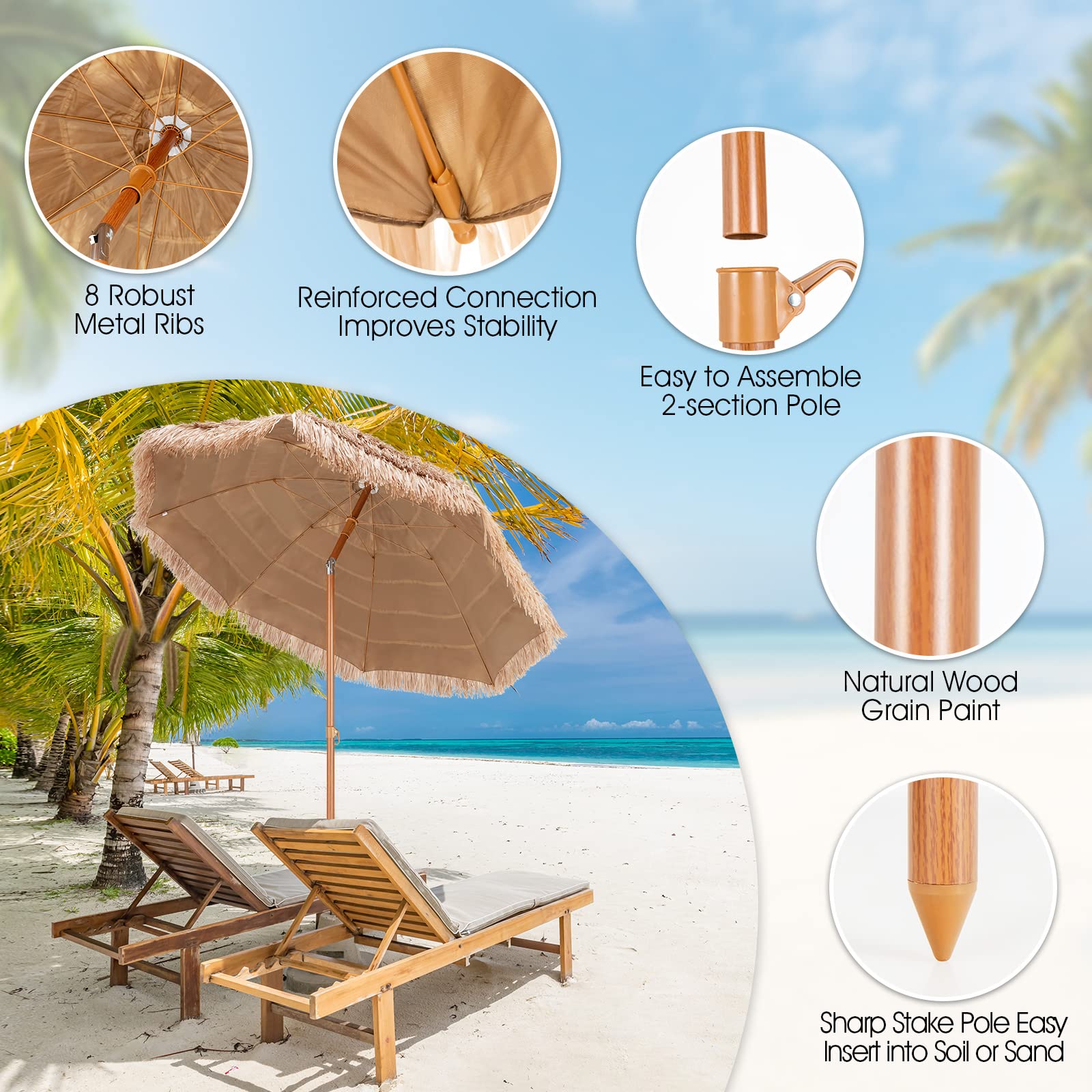 7.2 FT Thatched Tiki Umbrella, Hawaiian Style Hula Beach Umbrella w/Tilt