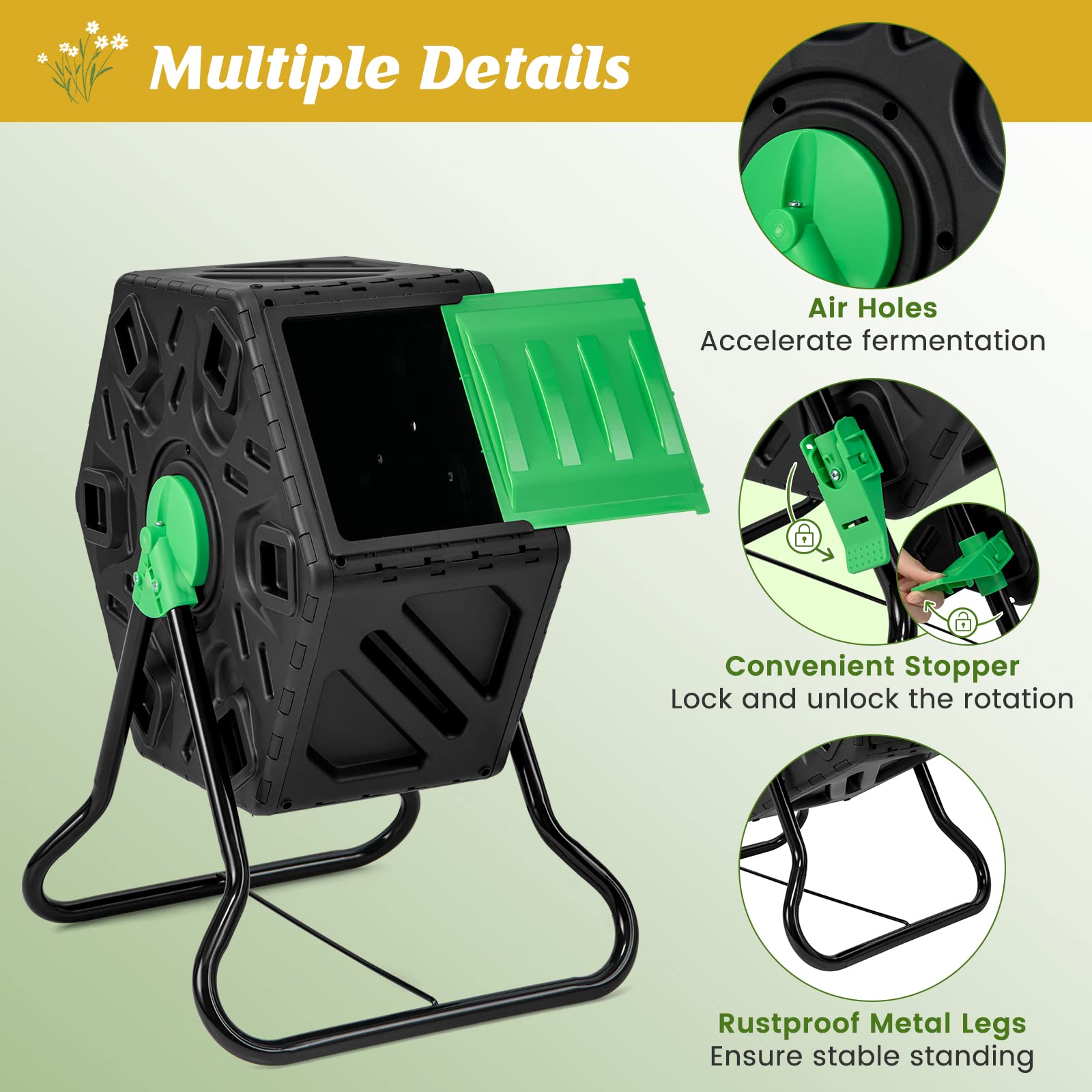 Single Chamber Compost Tumbler, 65 L Compact Tumbling Composter w/Sliding Door