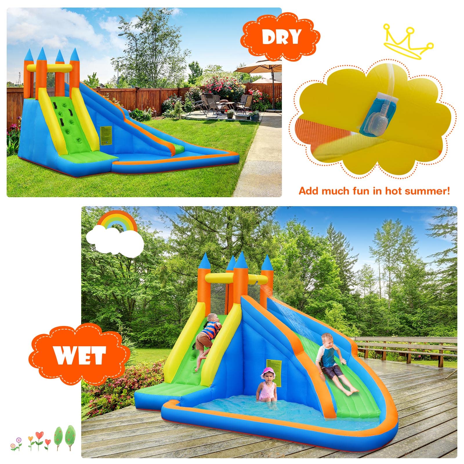 HONEY JOY Inflatable Water Slide Bouncer, Children Wet & Dry Bounce House with Climbing Wall