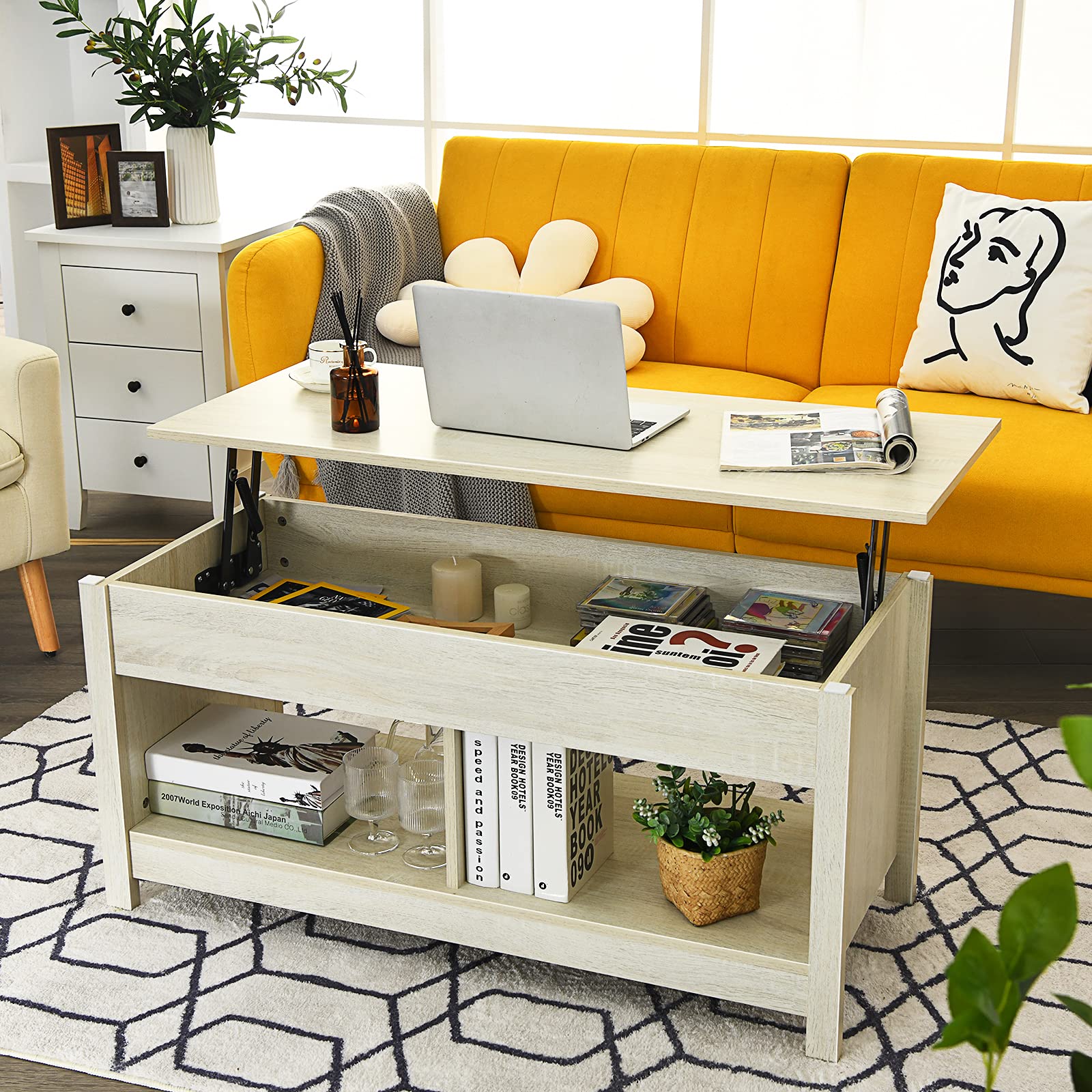 Giantex Lift Up Top Coffee Table, Wood Living Room Table w/ Hidden Storage Shelf & Open Compartment