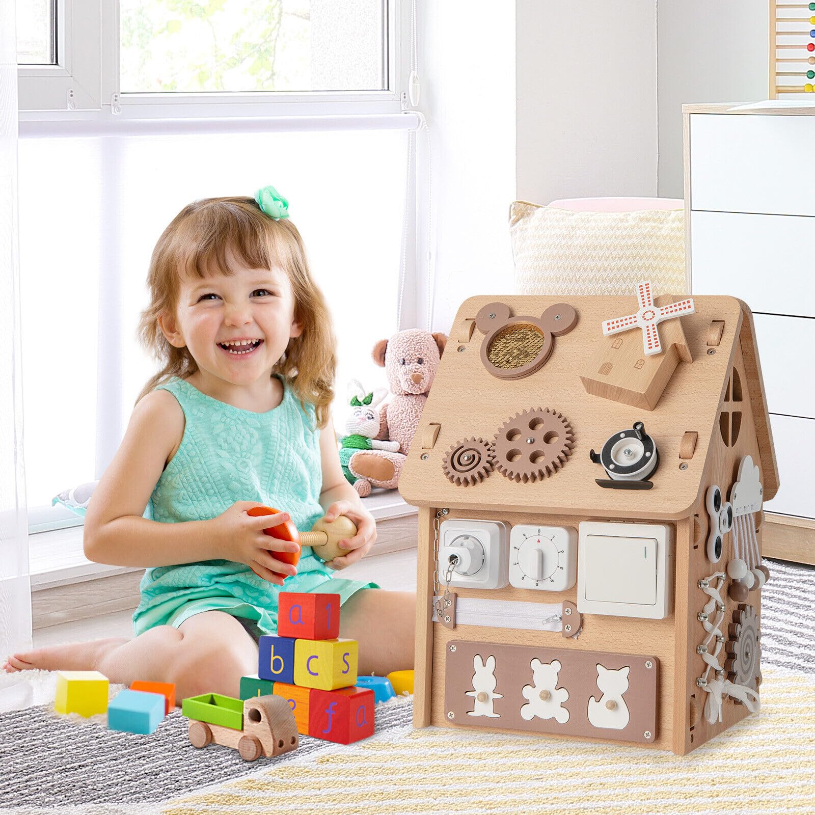 HONEY JOY Kids Montessori Busy House Toy, Wooden Multi-Purpose Play House w/Interior Storage Space