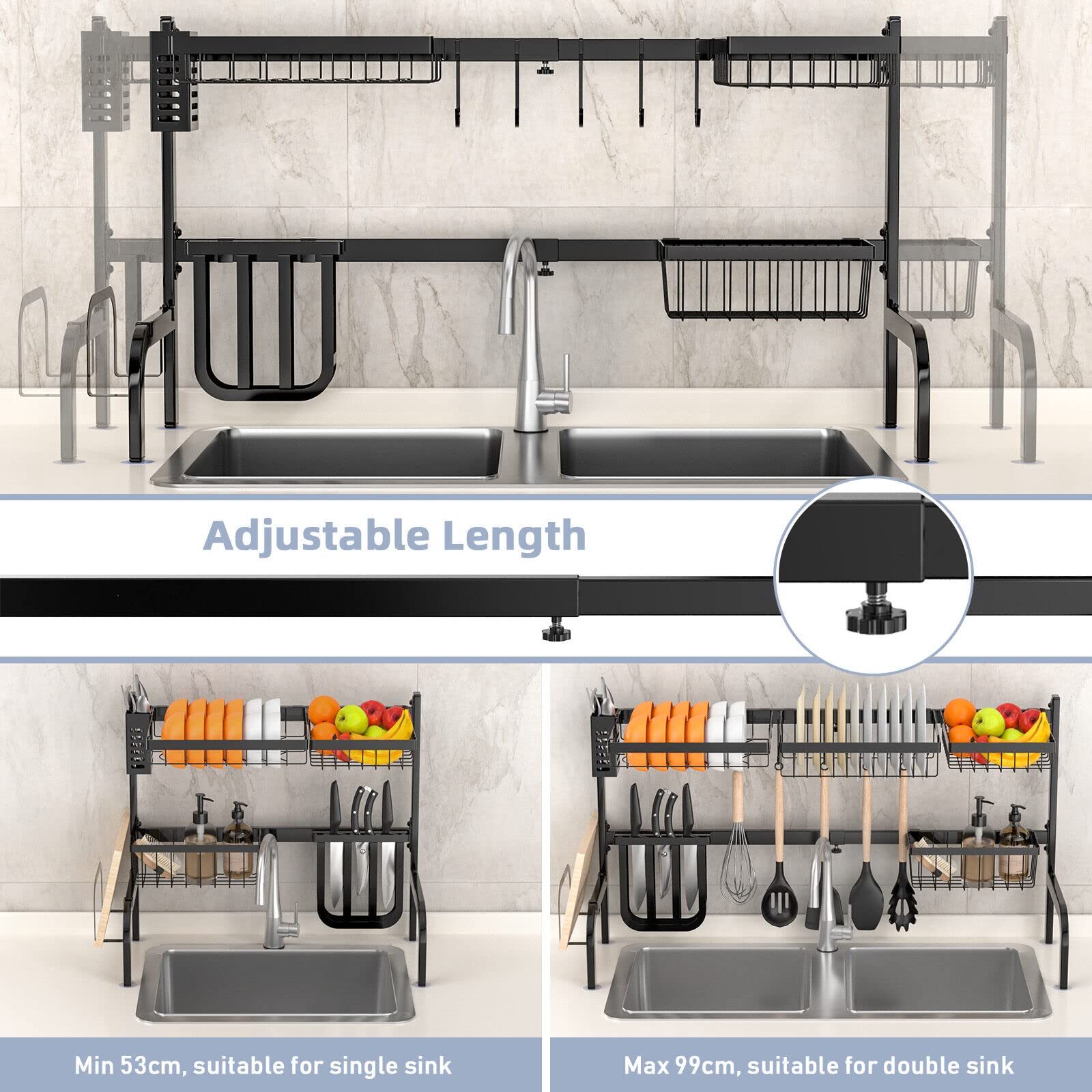 Giantex Dish Drying Rack Over Sink Drainer Cup Plate Holder w/ 8 Hooks Kitchen Organizer, Black
