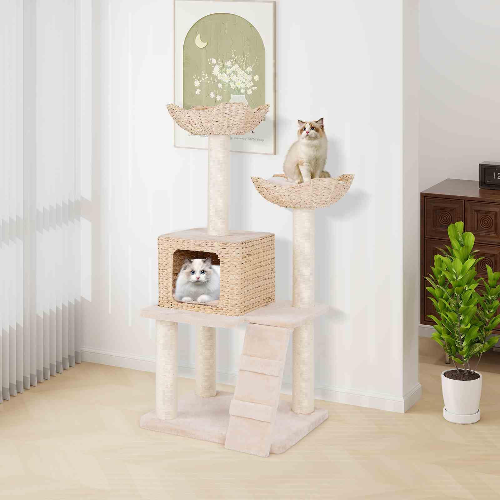 122cm Cattail Cat Tower w/Sisal Scratching Posts, Condo, Basket Bed