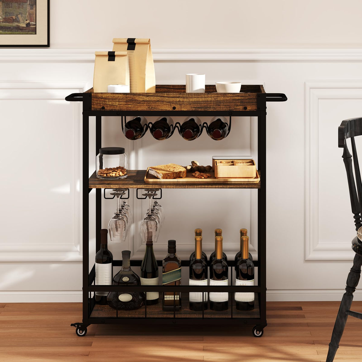 Rolling Bar Cart, Kitchen Serving Cart w/Removable Tray, Wine Rack and Glass Holder
