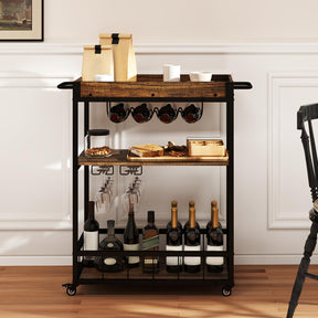 Rolling Bar Cart, Kitchen Serving Cart w/Removable Tray, Wine Rack and Glass Holder