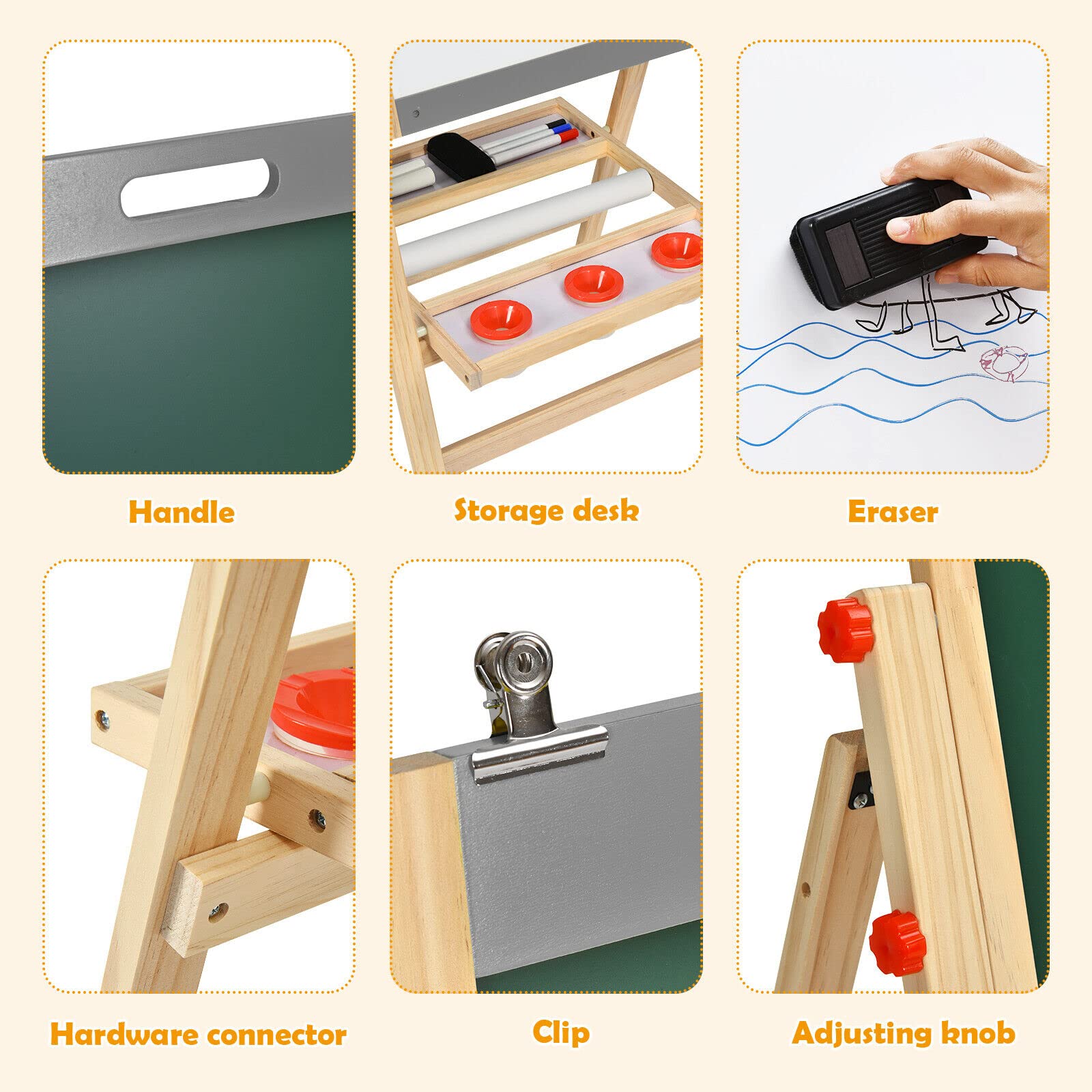 BABY JOY Kids Art Easel, 3-in-1 Wooden Toddler Easel w/Paper Roll, Storage Tray, Eraser
