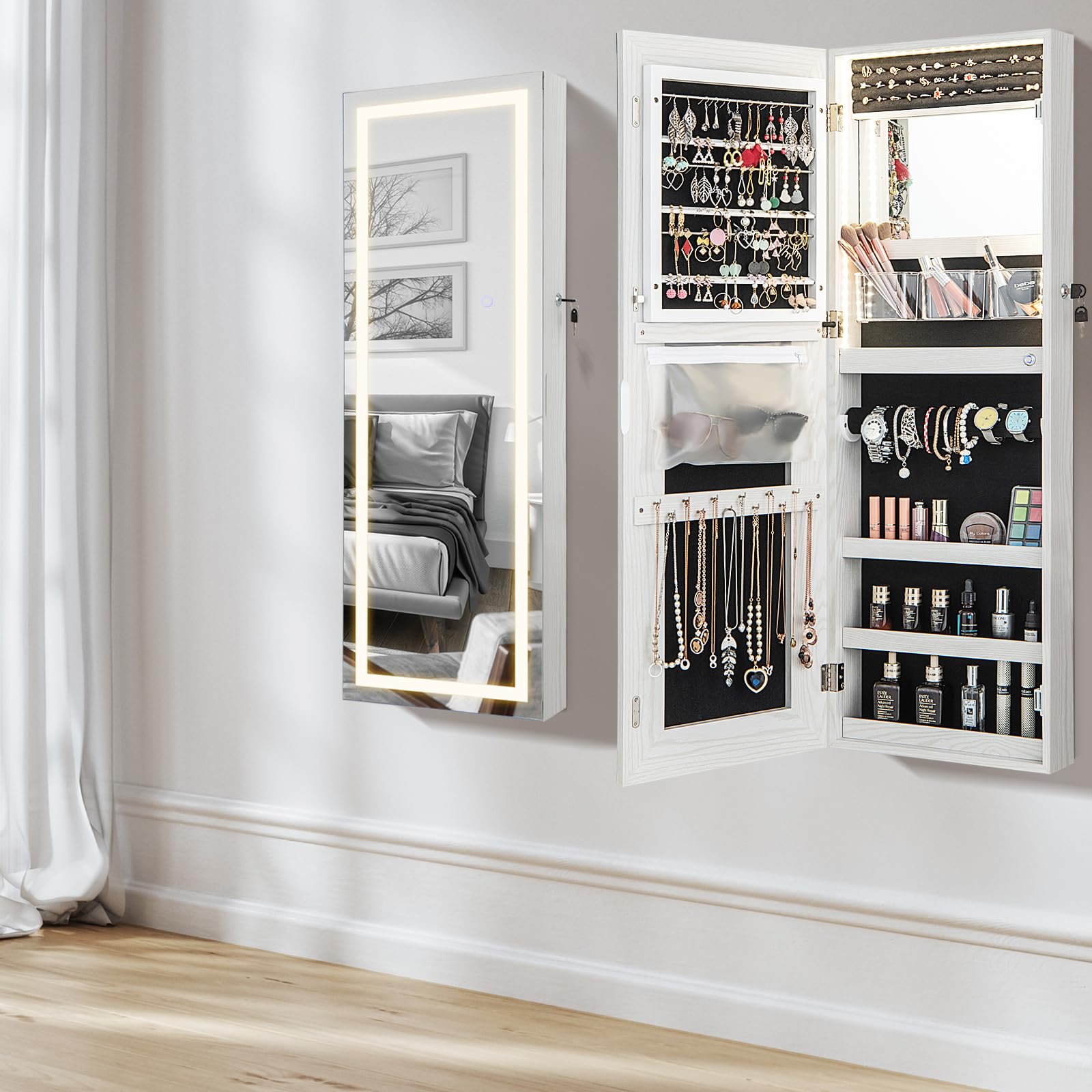 Giantex 108 cm Jewelry Mirror Cabinet, Lockable Jewelry Door & Wall Cabinet