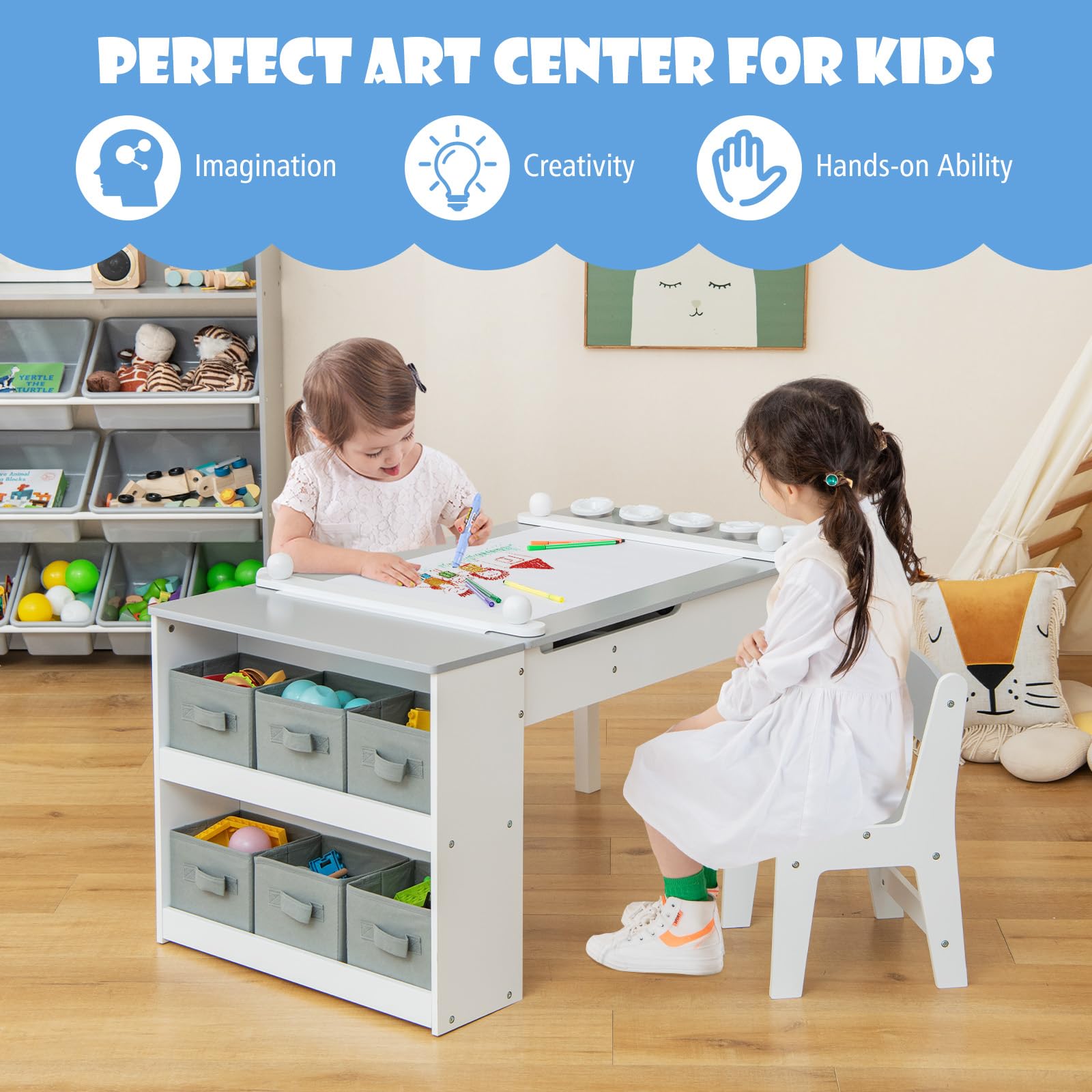 HONEY JOY Kids Table and Chairs Set, 2 in 1 Wooden Art Table & Easel Set for Children with 2 Chairs, 6 Storage Bins