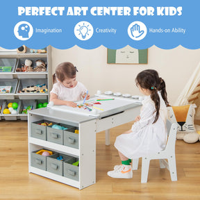 HONEY JOY Kids Table and Chairs Set, 2 in 1 Wooden Art Table & Easel Set for Children with 2 Chairs, 6 Storage Bins