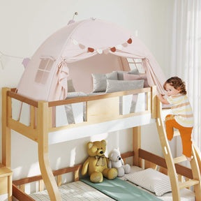 Twin Full Size Bed Tent for Kids, Foldable & Portable Canopy Tent on Twin Bunk Bed with 2 Windows and Flags