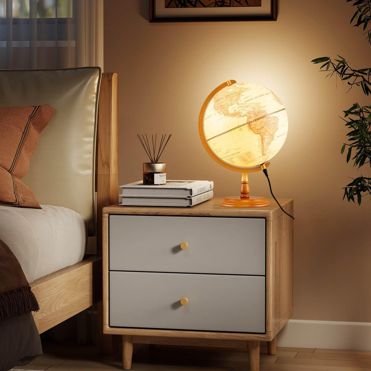 30 cm Illuminated World Globe, Antique Light up Globe Night Lamp with Wooden Stand and Clear Map for Kids and Adults