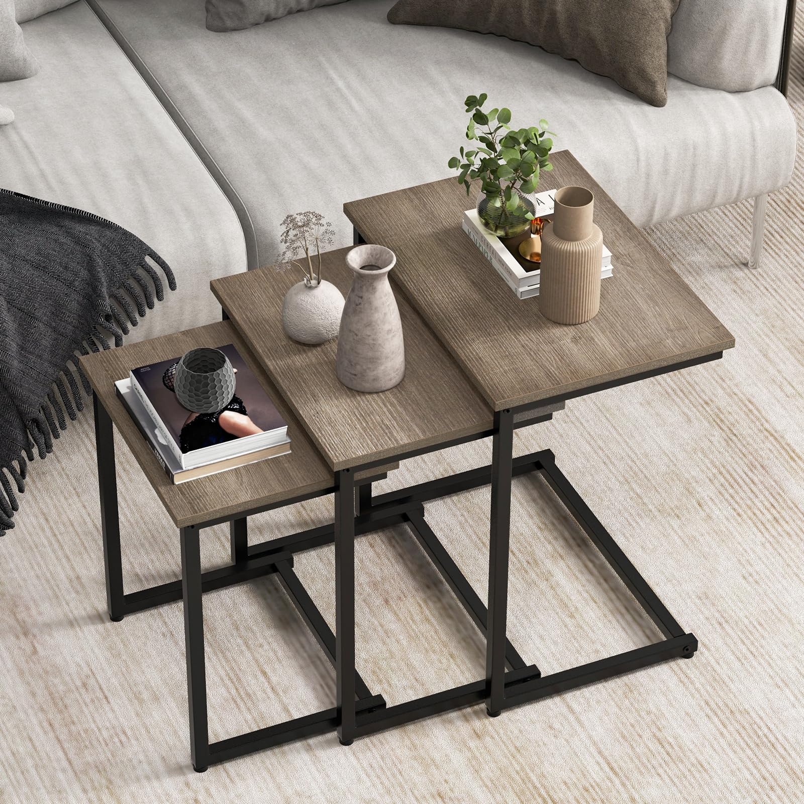 Giantex Nesting End Table Set of 3, Rectangle Stacking Side Table with Wooden Top & Sturdy Metal Legs
