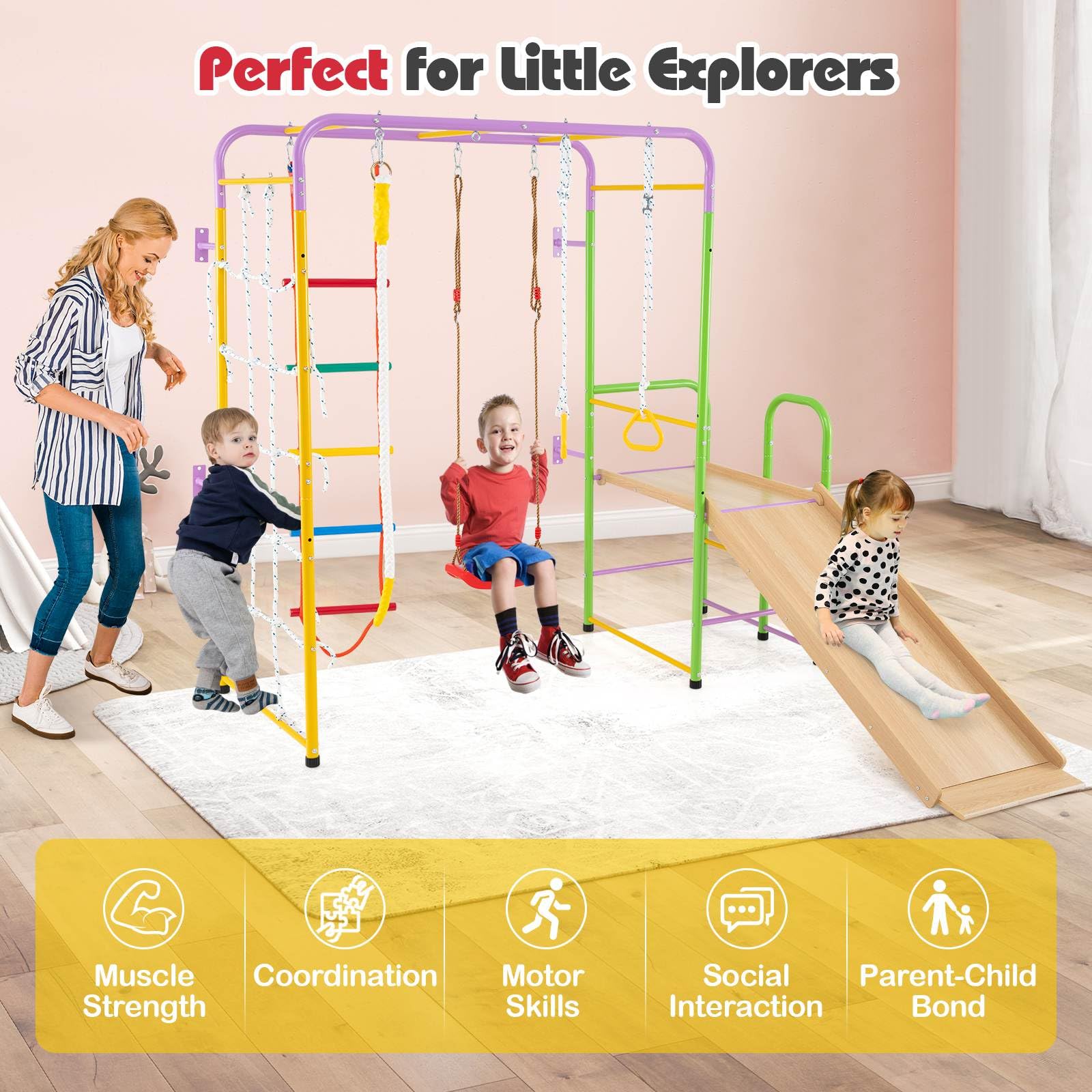 Metal Indoor Jungle Gym, 8-in-1 Climbing Playset w/Monkey Bars