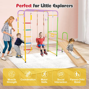 Metal Indoor Jungle Gym, 8-in-1 Climbing Playset w/Monkey Bars