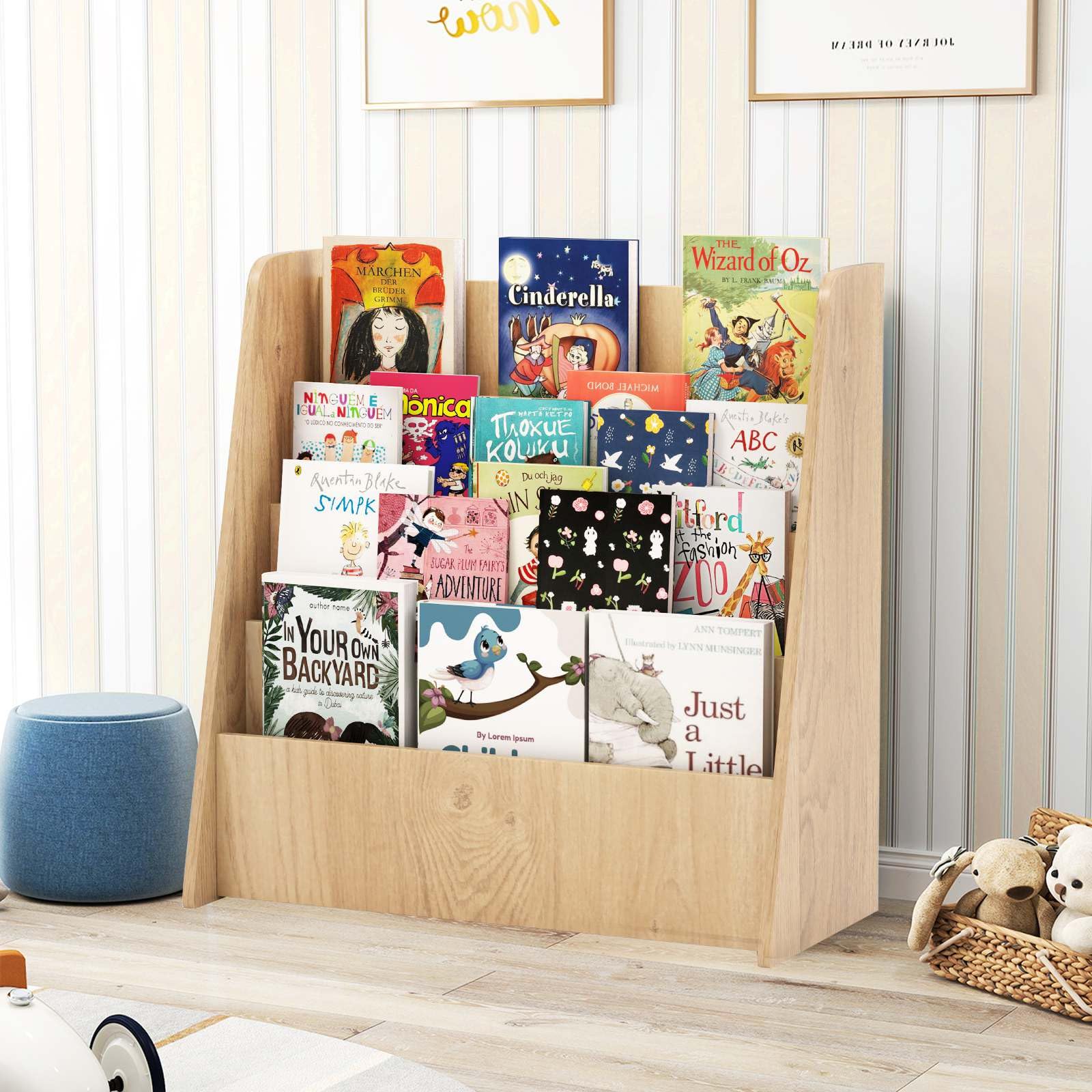 4-Tier Kids Wooden Bookshelf, Front Facing Children Display Bookcase with Deep Compartments