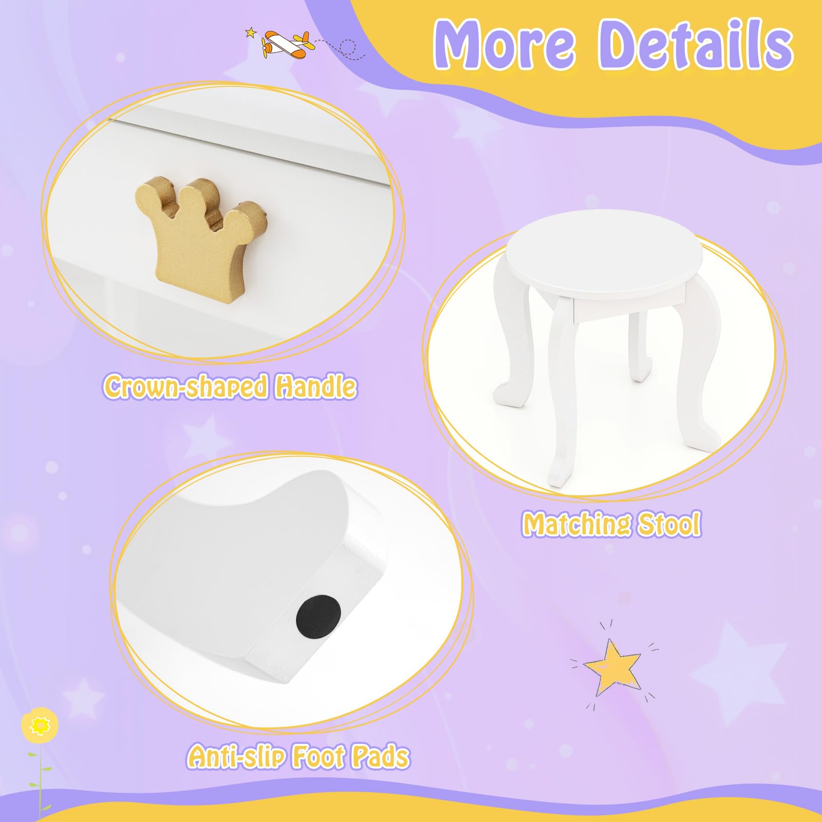 HONEY JOY Kids Vanity Set with 3-Color Adjustable Lighted Mirror