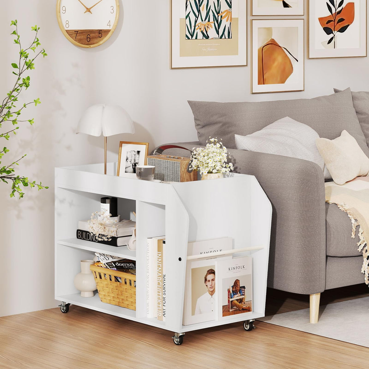 Side End Table, 3-Tier Bookshelf with Universal Wheels, Rolling Nightstand