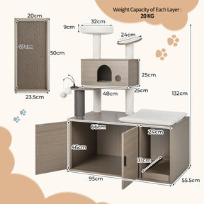 2 in 1 Cat Tree with Litter Box Enclosure, Modern Cat Tower with Cat Condo, Top Perch, Scratching Board
