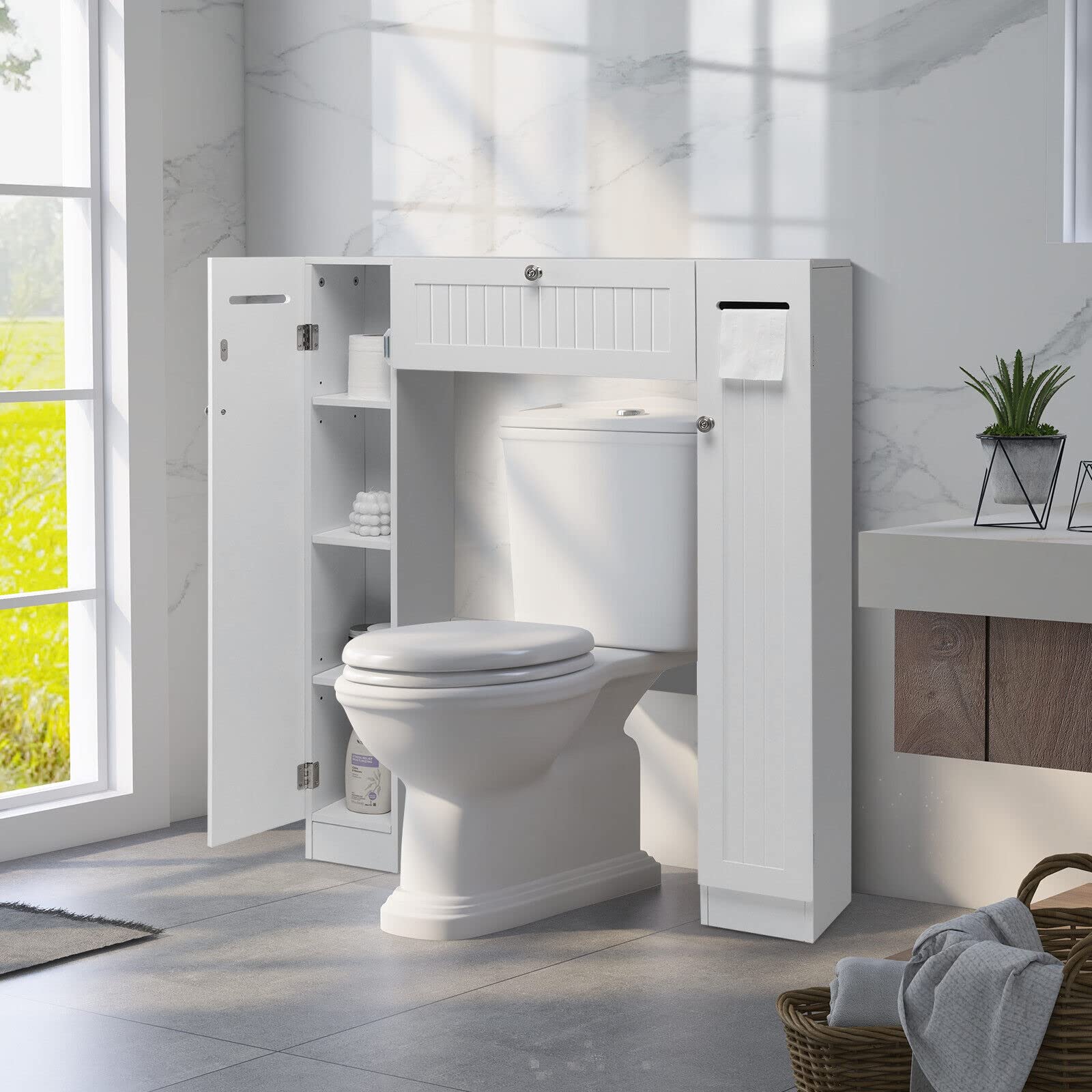 Giantex Over The Toilet Storage Cabinet, Freestanding Toilet Organizer w/Adjustable Shelves & Toilet Paper Holders, White