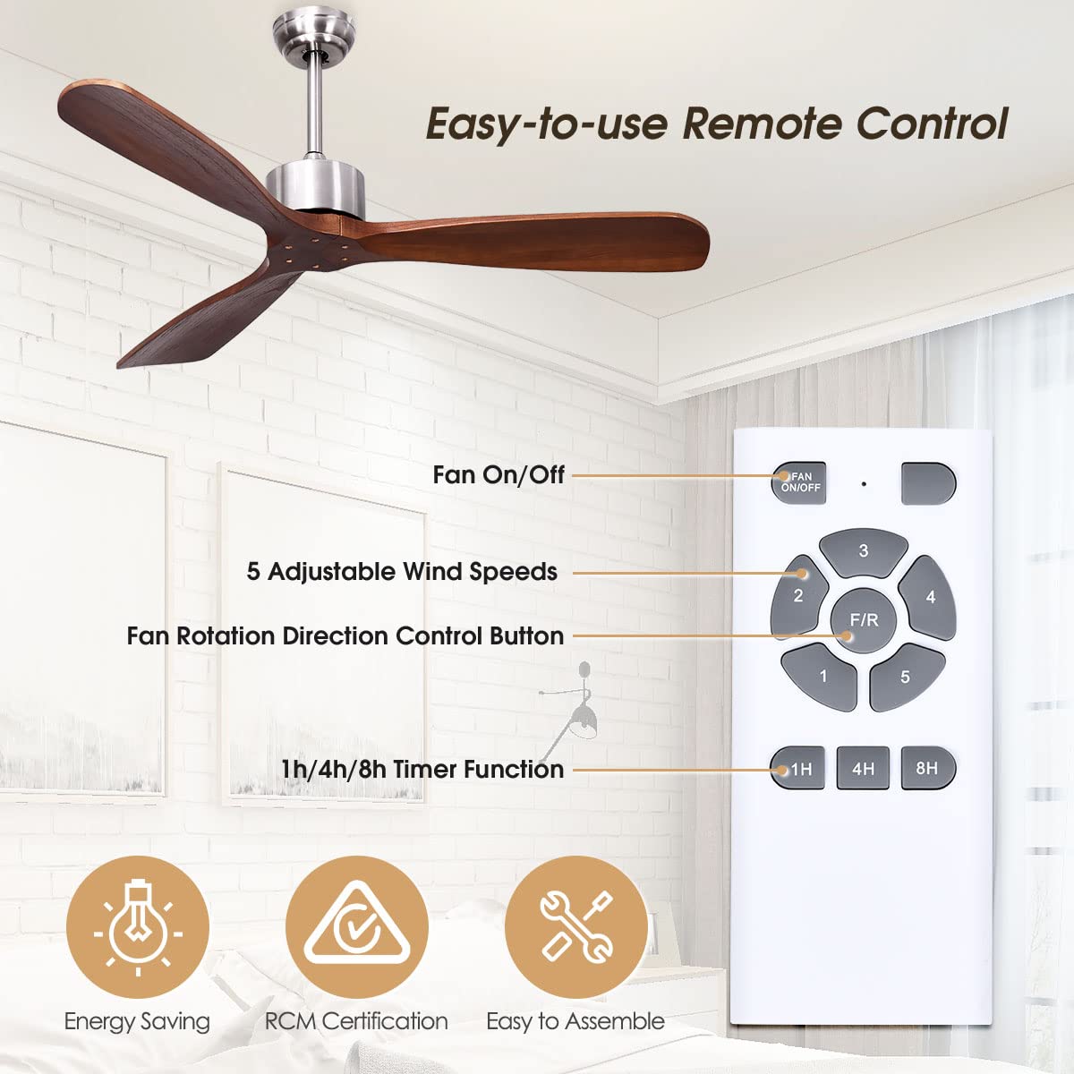 52" Ceiling Fan, Outdoor Indoor Ceiling Fan with Remote Control, 3 Solid Wooden Blades