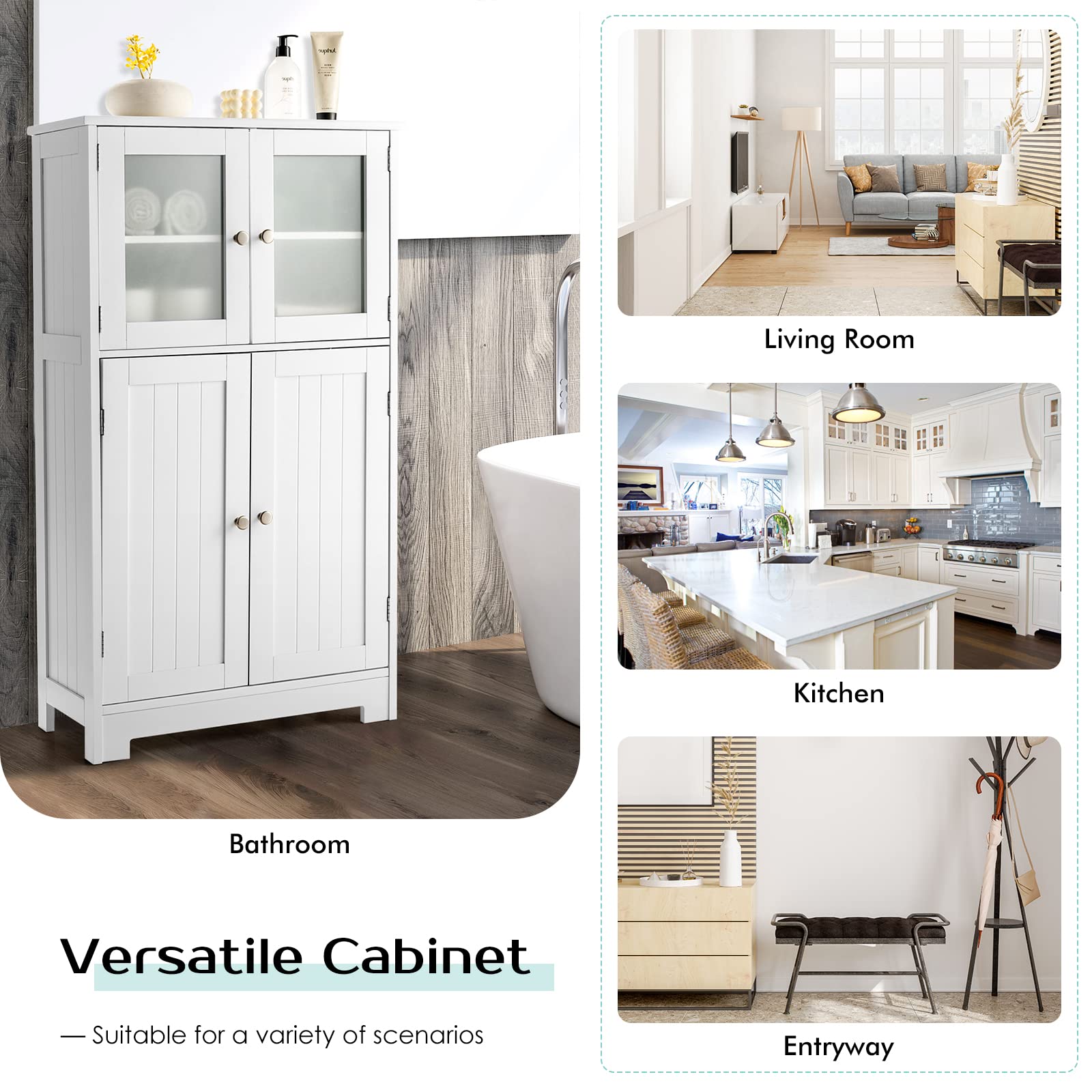 Giantex Bathroom Storage Cabinet, Kitchen Pantry Cabinet w/Tempered Glass Doors & Adjustable Shelf, White