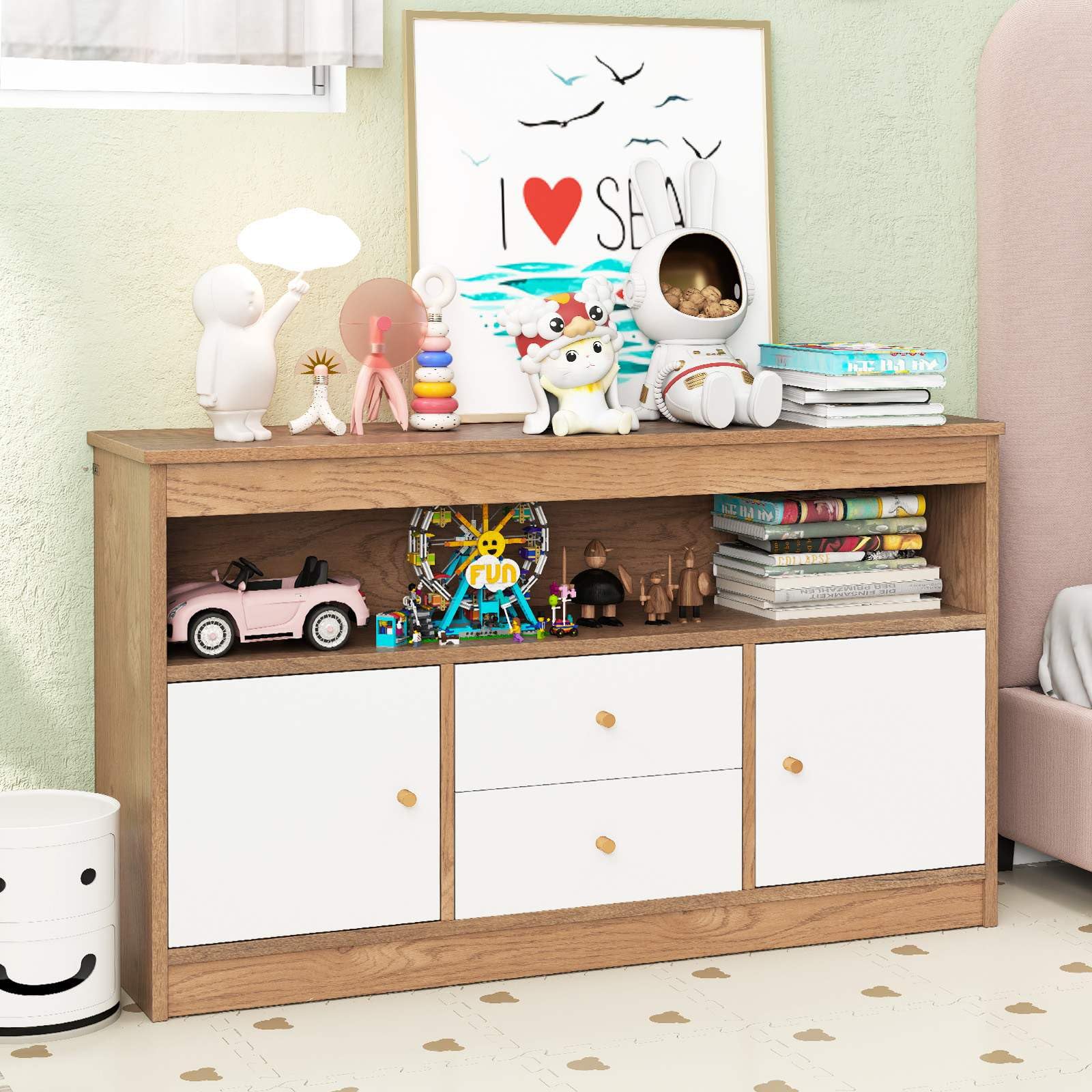 Toy Storage Organiser for Kids, Storage Chest with 2 Drawers, 2 Closed Cabinets and 1 Open Compartment for Books and Dolls