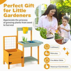 HONEY JOY Kids Outdoor Potting Bench w/See-Through Window, Planter Box and Garden Trellis