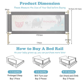 176CM Toddler Bedrail, 72.5-101.5 CM Extra Tall Bed Guardrail w/Anti-Collision Cotton & Side Pocket